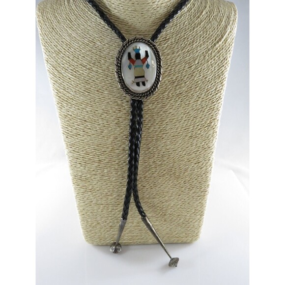 Circa 1960 Zuni Apache Ghan Crown Dancer Inlaid Sterling Silver Bolo Tie Bennett - Picture 10 of 11